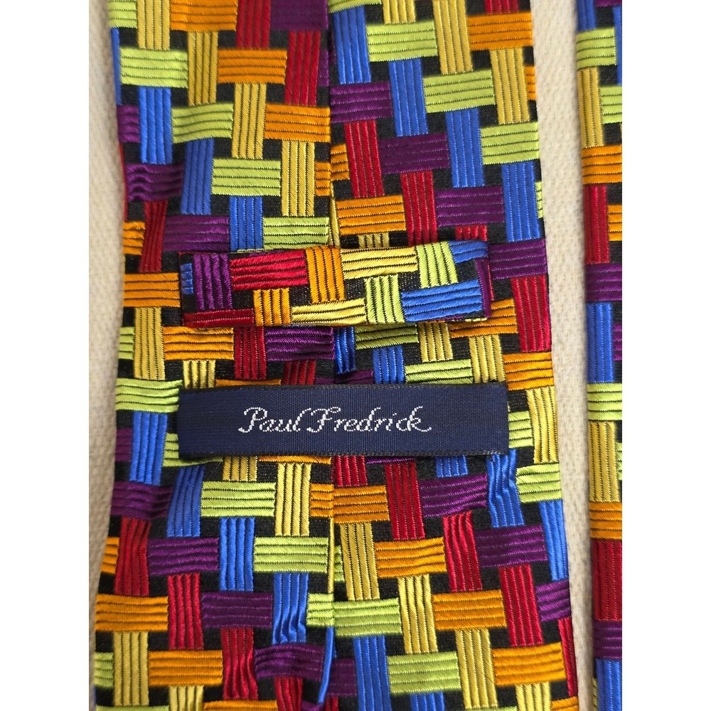 Paul Fredrick Mens Silk Tie Multi Color Basketweave Geometric Hand Made Necktie - Picture 7 of 7